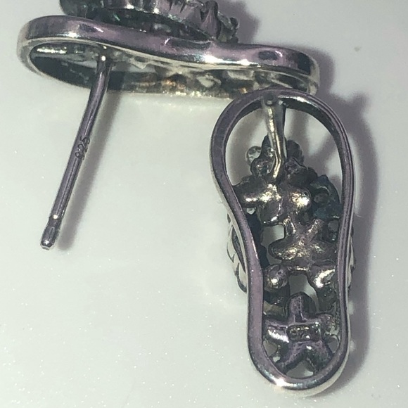 VTG Sterling & Cz Stone Sandal Thong Slipper Floral Plumeria Hibiscus Studs 20mm - Picture 5 of 6